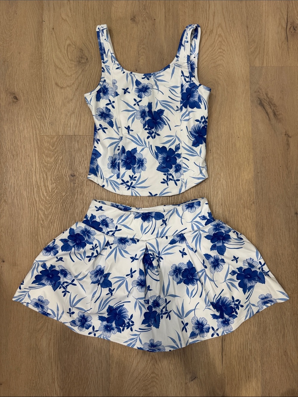 Love Shack Fancy White and Blue Floral Tank Top & Skirt Set